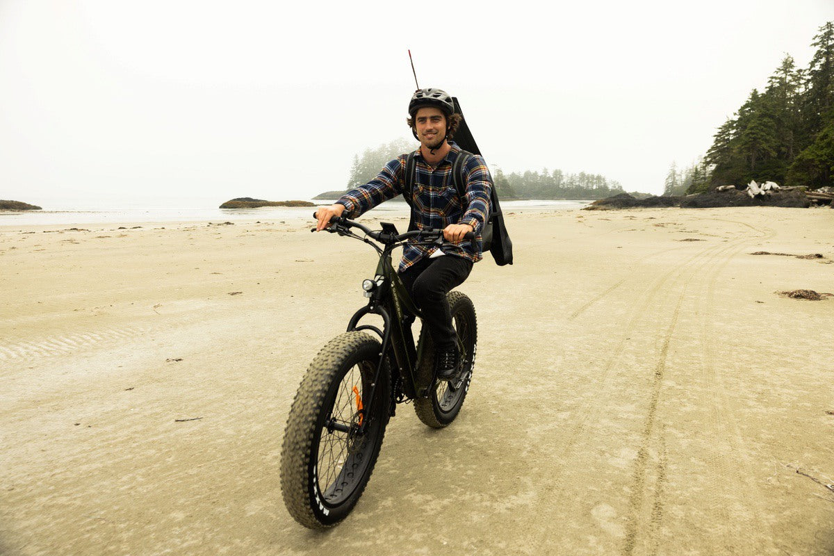 Man on fat tire eBike traversing rugged terrain
