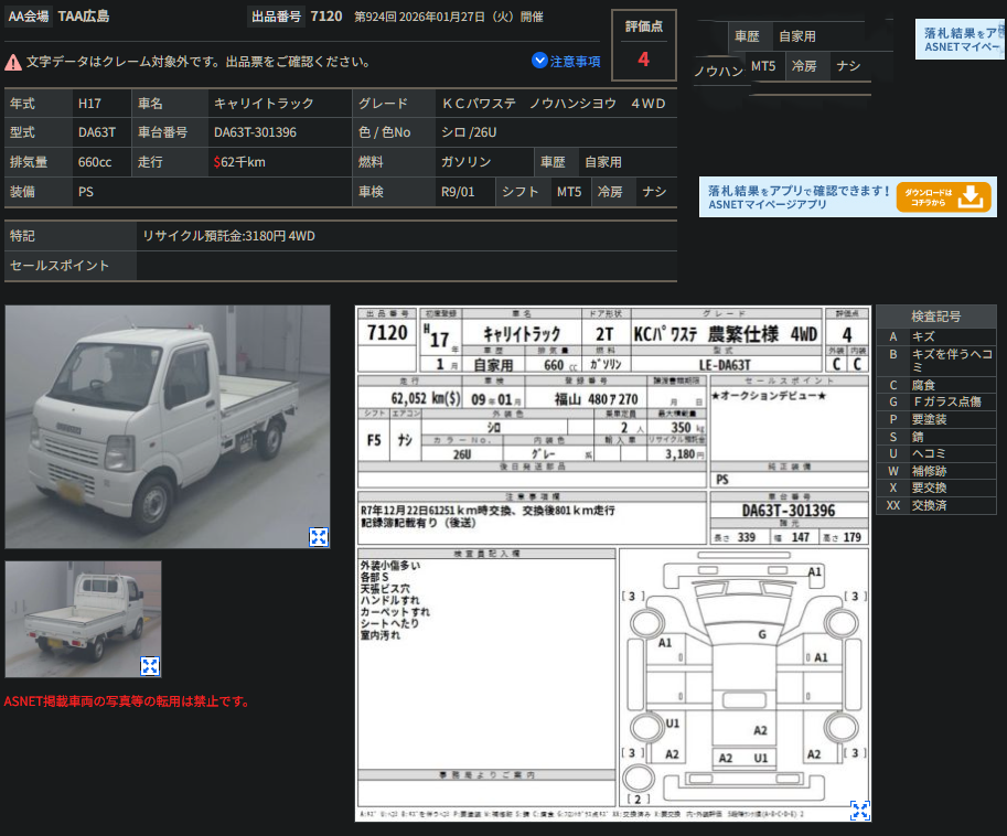 Japanese auction inspection sheet for 2005 Suzuki Carry Truck Flatbed 4WD 5-Speed Manual with Diff Lock