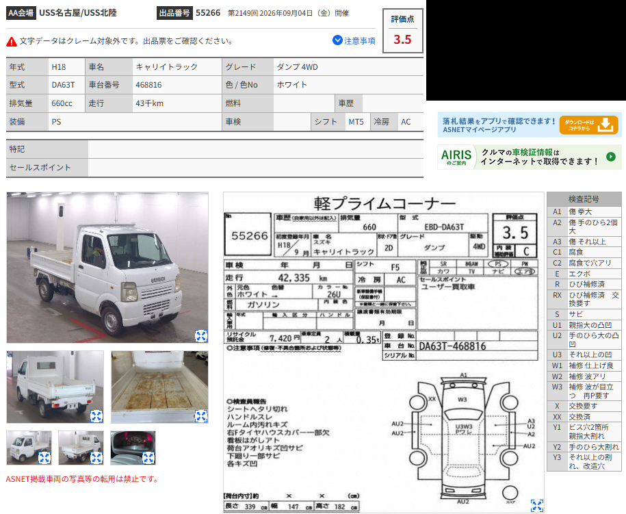 Japanese auction inspection sheet for 2006 Suzuki Carry Truck 4WD Hi/Lo Dump Bed
