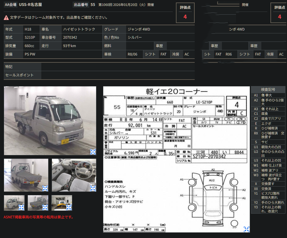 Japanese auction inspection sheet for 2006 Daihatsu Hijet Truck Flatbed 4WD 4-Speed Automatic