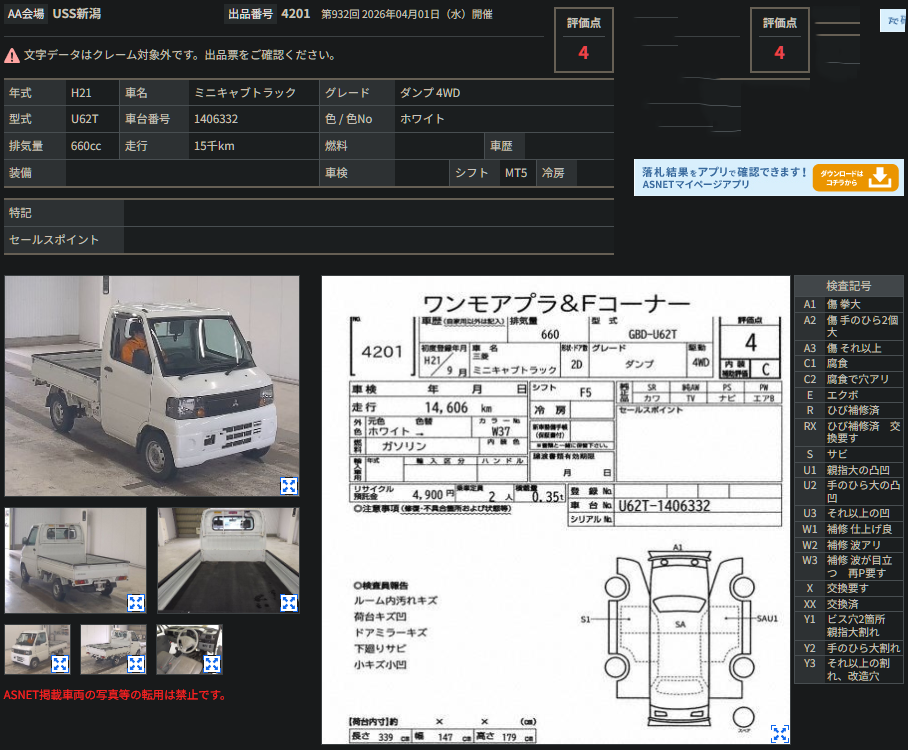 Japanese auction inspection sheet for 2009 Mitsubishi Mini Cab Truck Dump Bed 4WD 5-Speed Manual Under 15,000KMS!
