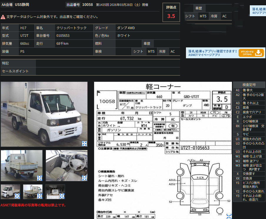 Japanese auction inspection sheet for 2005 Nissan Clipper Truck Dump Bed 4WD 5-Speed Manual